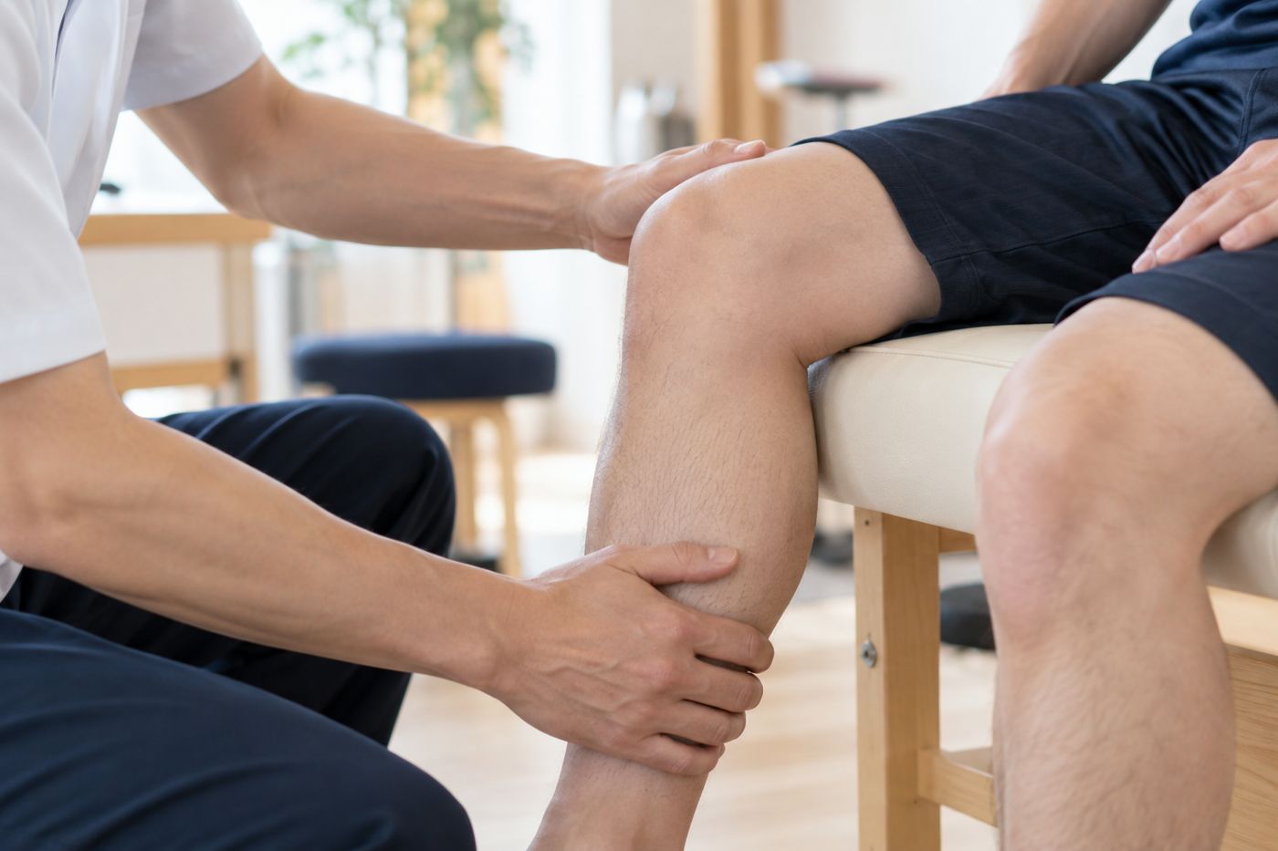 理学療法士の手が、座った人の膝と下腿をそっと支えている